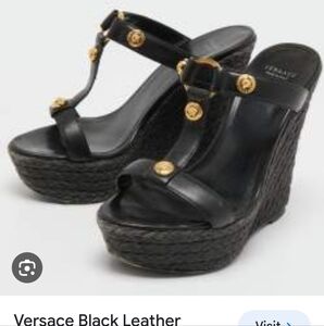 Versace Black Wedge Sandals with Gold Accents